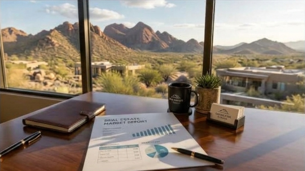 Real estate market report and desk overlooking the Pahrump desert mountains representing strategic pricing advocacy