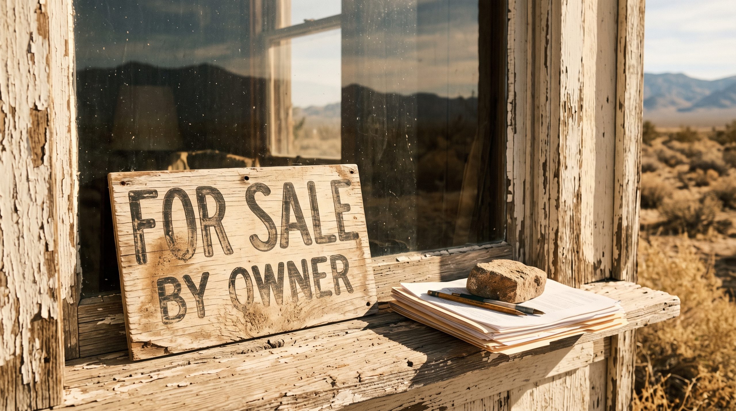 Weathered wooden For Sale By Owner sign resting on a desert windowsill next to paperwork weighed down by a rock for seller advisory
