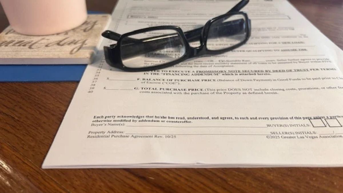 Reading glasses and coffee mug on a Nevada Residential Purchase Agreement for careful contract review